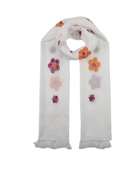 COTTON BLEND FLORAL EMBROIDERED SCARF WITH FRINGE - PINK