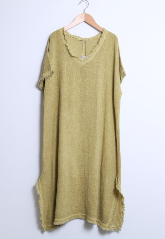 COTTON/LINEN BLEND RAW EDGE DRESS - 10-16 - OCHRE