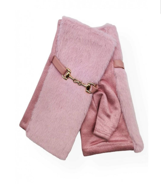 FAUX FUR CHAIN DETAIL MITTS - PINK