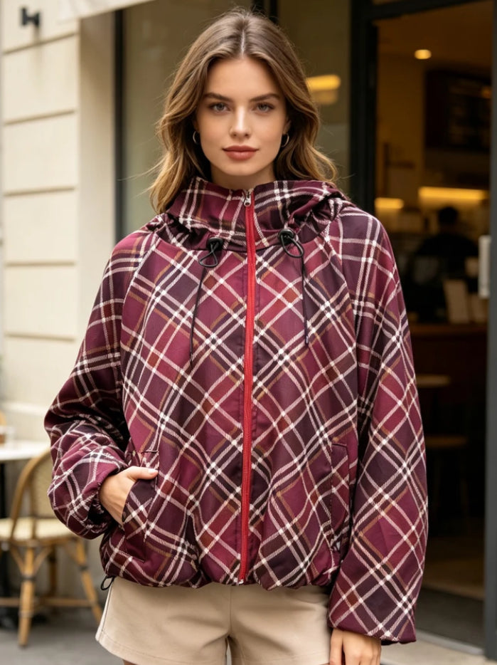 CHECK HOODED JACKET - 10-16 - BURGUNDY