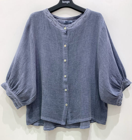 LINEN/COTTON BLEND BALLOON SLEEVE CARDI - 10-14/16 - NAVY