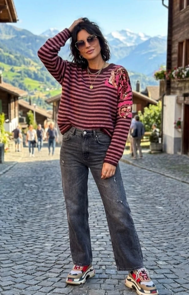 SEQUIN DETAIL STRIPE KNIT - 10-16 - BURGUNDY