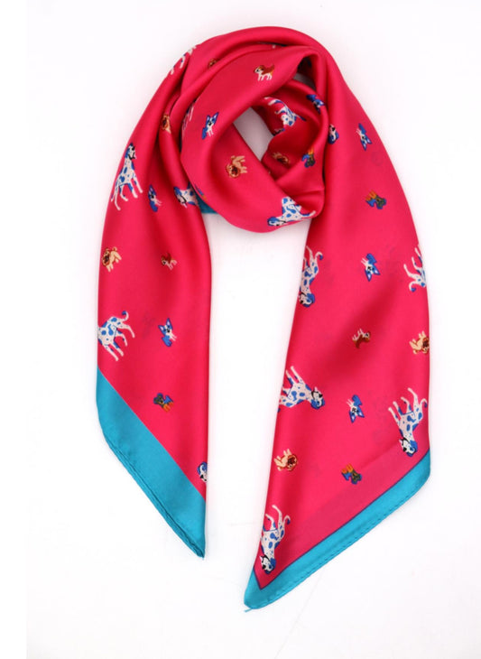 SILK BLEND DOG PRINT NECK SQUARE SCARF - FUSCHIA