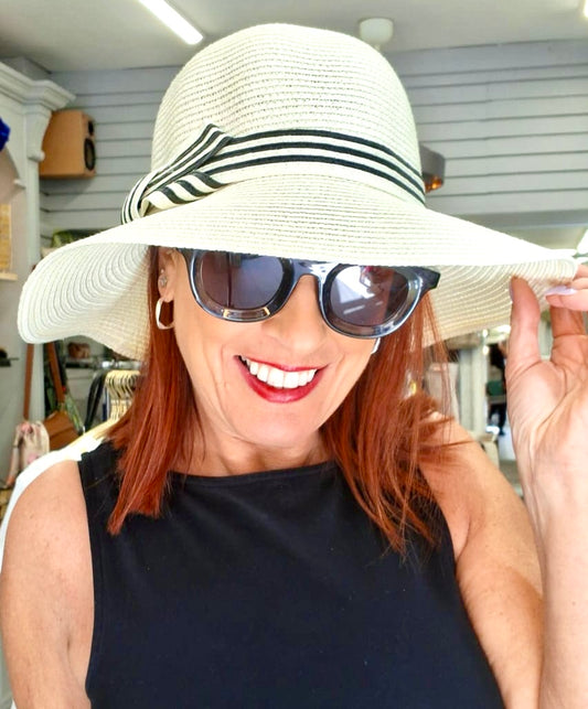 STRIPE RIBBON SUN HAT - IVORY