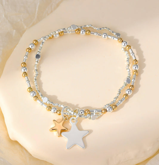 DOUBLE STRAND STAR CHARM STRETCH BRACELET - MIXED METAL