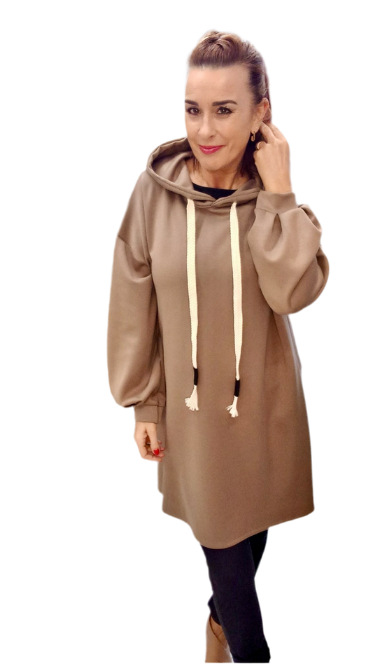 JERSEY HOODED TUNIC TOP/DRESS - TAUPE - 12-16