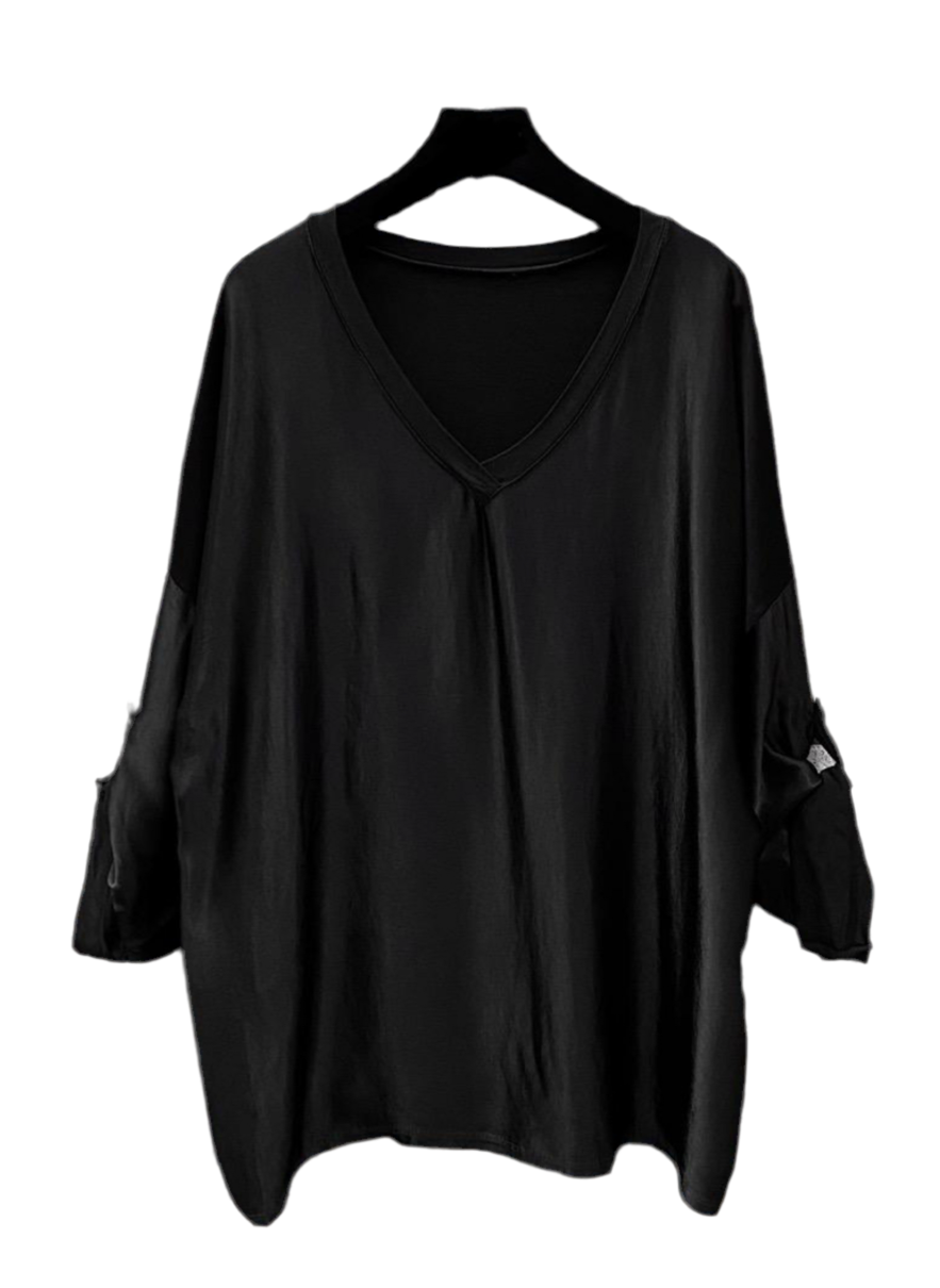 SATIN V NECK LONG SLEEVE TOP - BLACK - 10-16