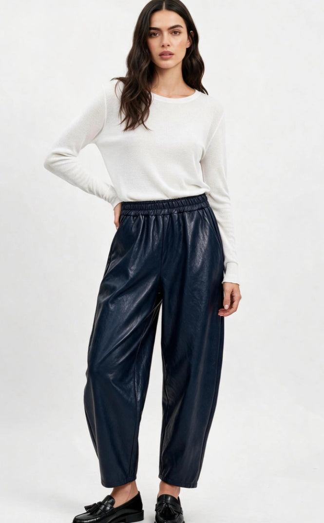 LEATHERETTE BARREL PANTS - 10-16 - NAVY