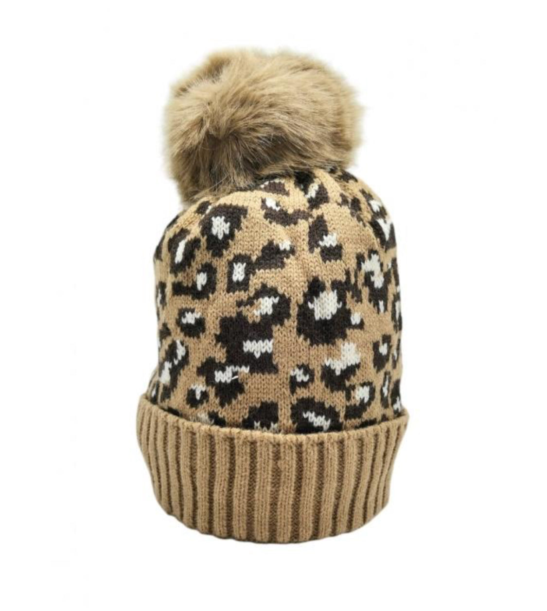 FLEECE LINED ANIMAL PRINT POM HAT - CAMEL