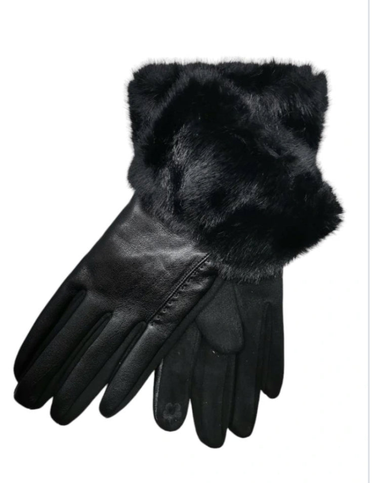 LEATHERETTE FUR TRIM GLOVES - BLACK