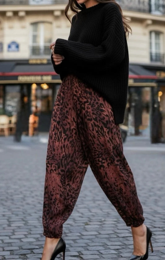 LEOPARD PRINT BUBBLE HEM PANTS - 10-16 - BURGUNDY
