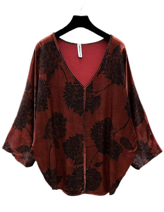 JERSEY BACK SATIIN TOP - 8-14 - BURGUNDY FLORAL