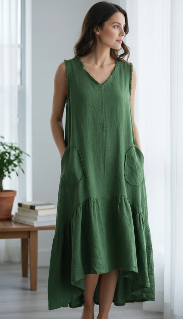LINEN DIP HEM DRESS - 10-16 - OLIVE