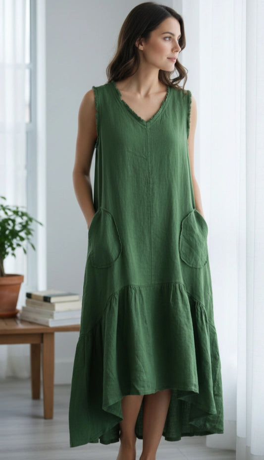 LINEN DIP HEM DRESS - 10-16 - OLIVE