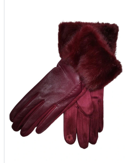 LEATHERETTE GLOVE WITH FAUX FUR TRIM - BURGUNDY