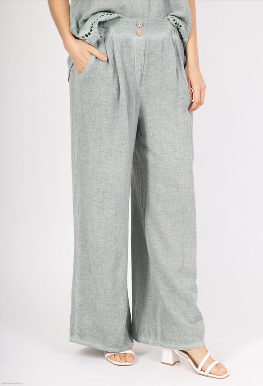 COTTON/LINEN BLEND BUTTON DETAIL PALAZZO - 10-16 - KHAKI