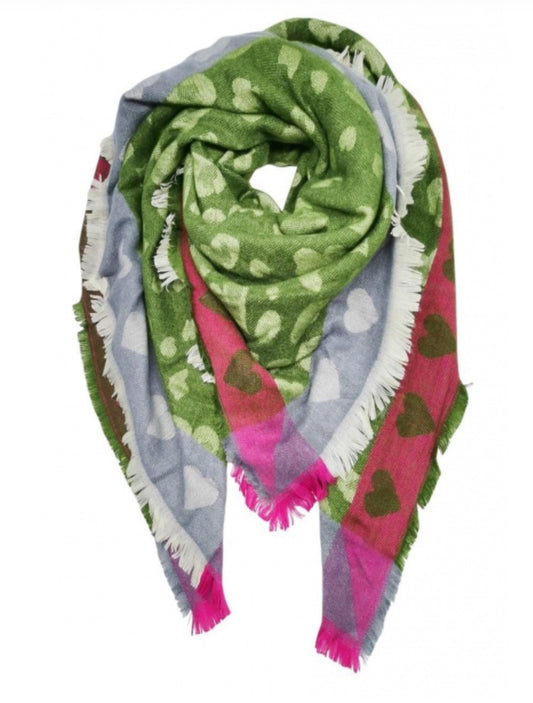 LARGE SQUARE PRINT SCARF - GREEN/FUSCHIA