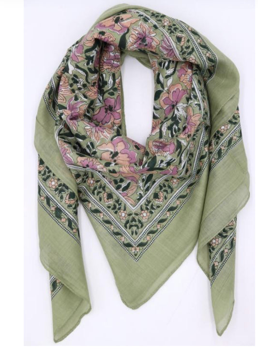 COTTON LARGE SQUARE SCARF - SAGE GREEN & PINK