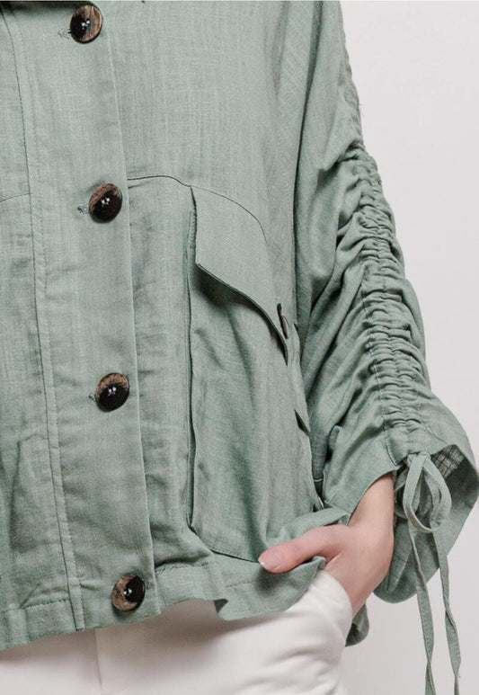 LINEN BLEND RUCHED SLEEVE JACKET - S-XL