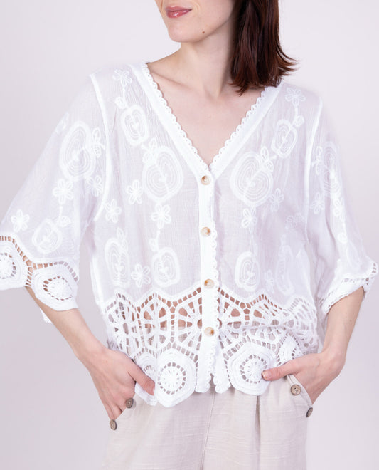 COTTON LACE DETAIL TOP - 8-14 - WHITE