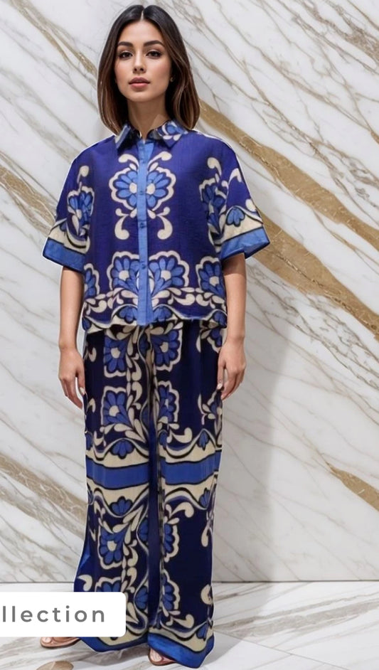 PRINTED SHIRT & PALAZZO SET - S/M & L/XL - BLUE