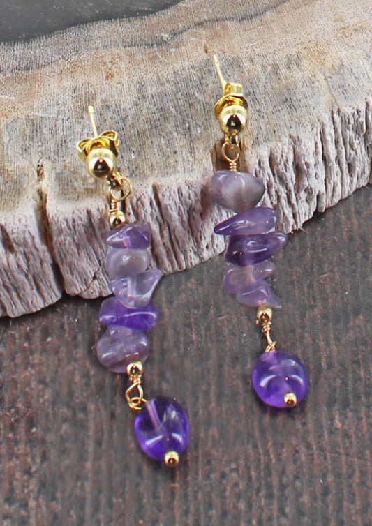 GOLD PLATED CLUSTER AMETHYST DROP EARRINGS