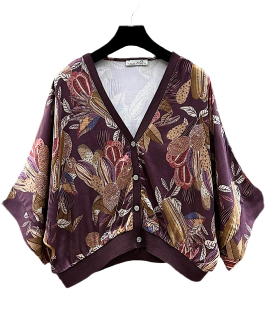 SATIN PRINT CARDI - PLUM - 10-16