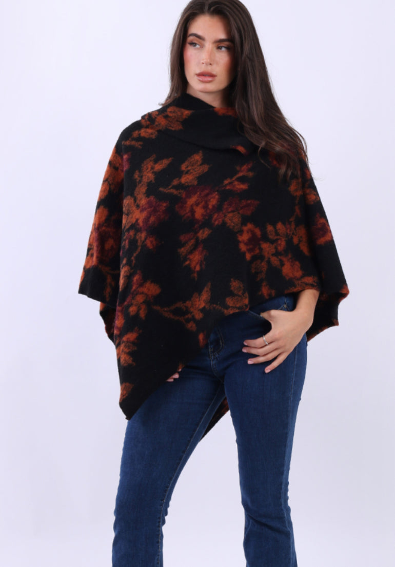 COWL NECK FLORAL PRINT PONCHO - BLACK