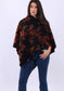 COWL NECK FLORAL PRINT PONCHO - BLACK