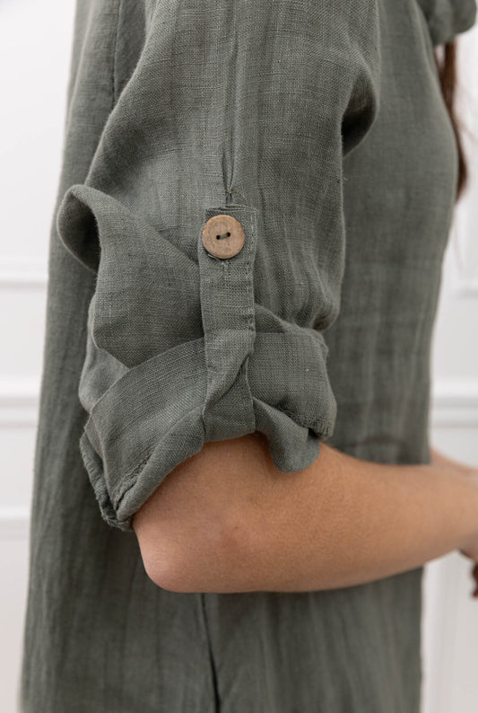 COWL BUTTON DETAIL LINEN DRESS - 10-16 - KHAKI