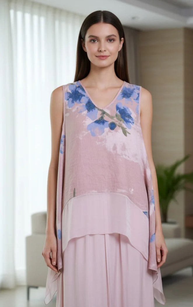 LINEN & SILK FLORAL TOP - 10-16 - PINK