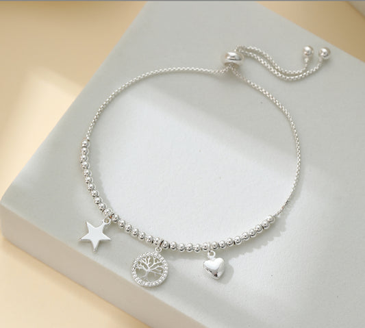 TOGGLE CHARM BRACELET - STAR, HEART & TREE OF LIFE - SILVER