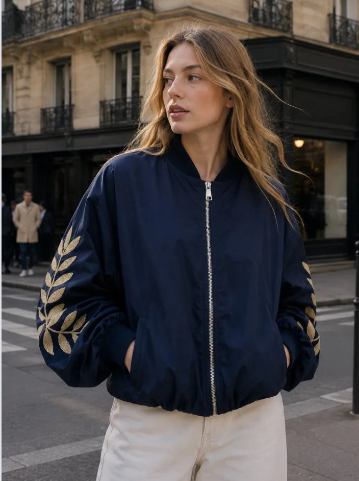 EMBROIDERED BOMBER JACKET - 10-16 - NAVY