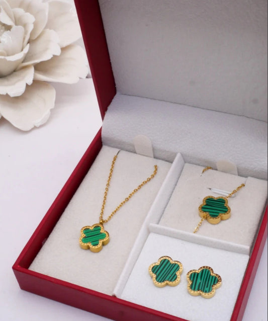 CLOVER NECKLACE, BRACELET & EARRING SET - GREEN