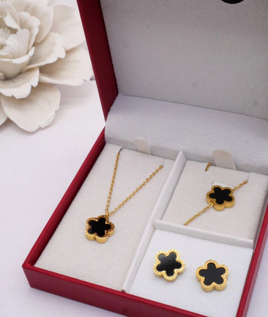 CLOVER NECKLACE, BRACELET & EARRINGS SET - BLACK