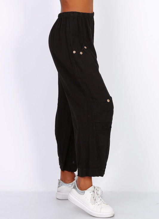 CARGO LINEN PANTS - 10-16 - BLACK