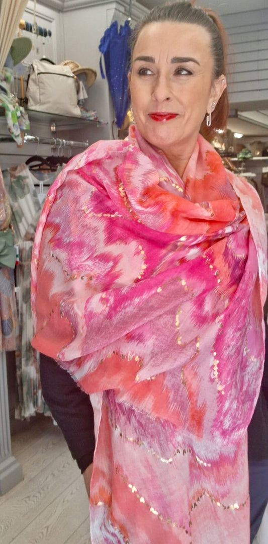 TIE DYE FOIL DETAIL SCARF - FUSCHIA