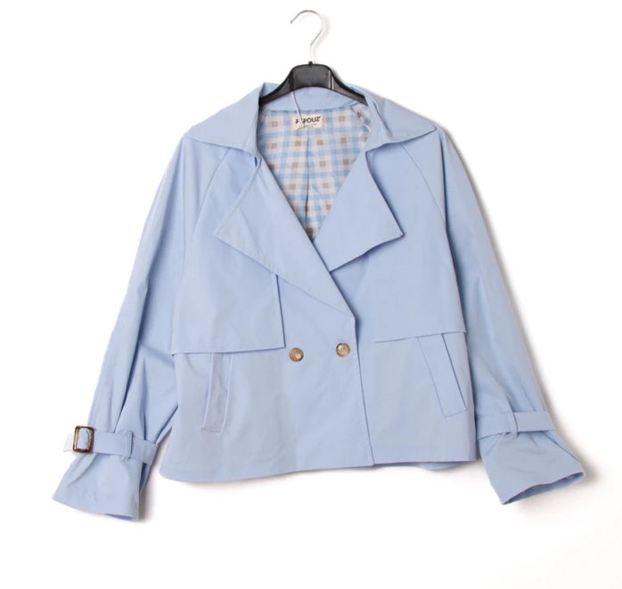 CHECK LINED SHORT TRENCH - 8-14 - BLUE