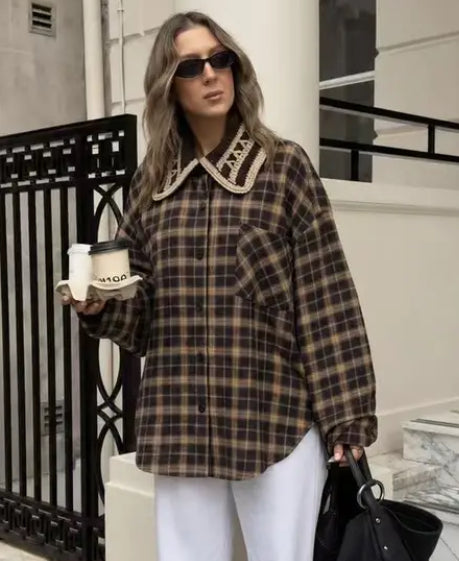 PLAID SHIRT WITH CROCHET DETAIL COLLAR - 10-16 - CHOCOLATE