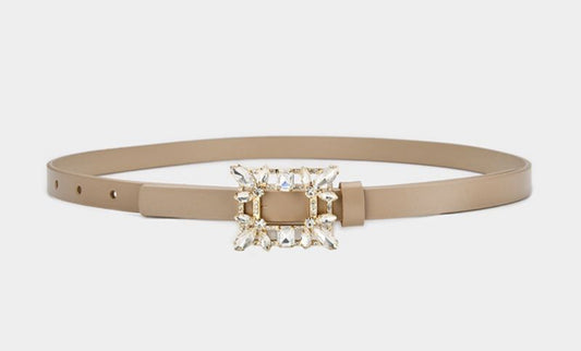 BEIGE LEATHER BELT WITH CRYSTAL BUCKLE