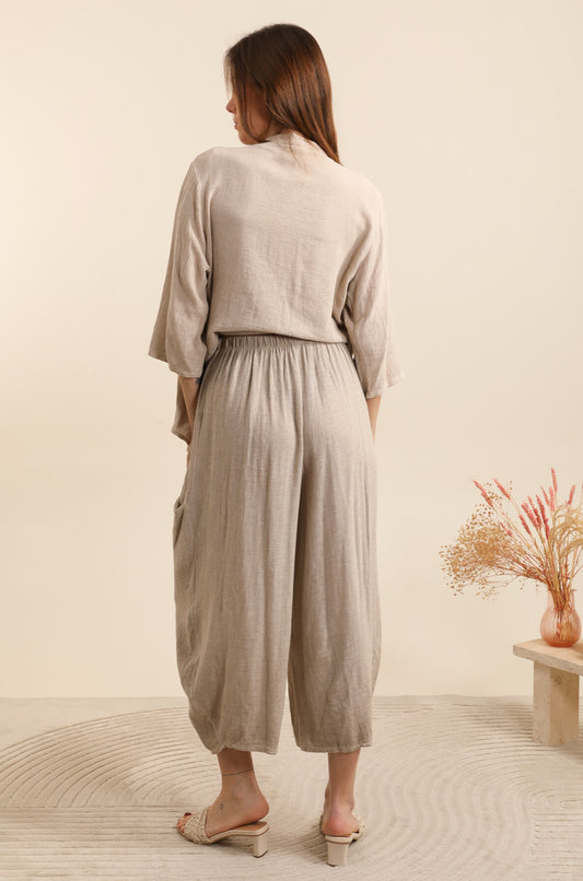 COTTON/LINEN BLEND SLOUCH POCKET PANTS - 10-16 - TAUPE
