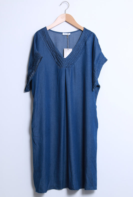 COTTON V NECK DENIM DRESS - 10-16 - DARK WASH