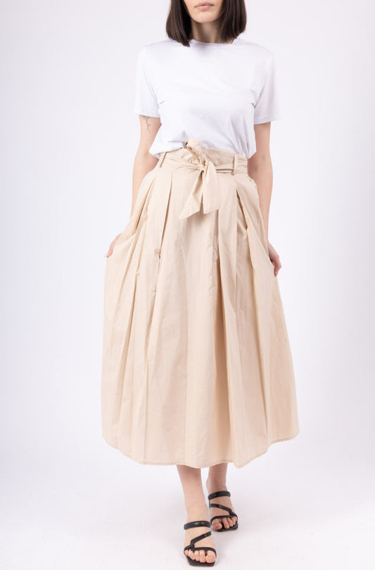 FLARED COTTON SKIRT WITH BELT & POCKETS - 8-12- IVORY