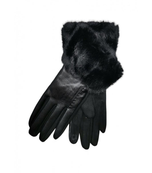 LEATHERETTE FUR TRIM GLOVES - BLACK