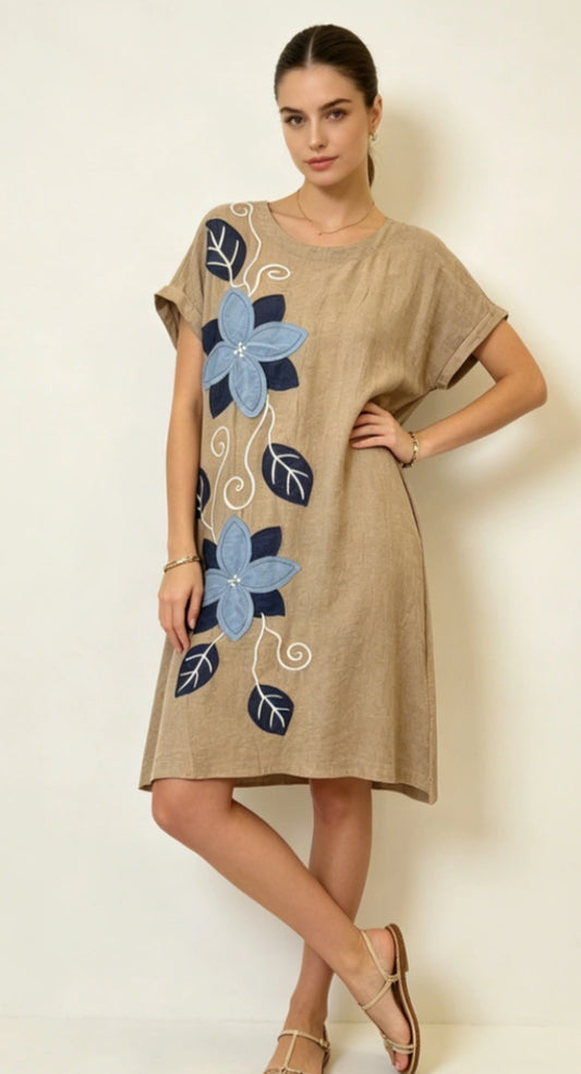 FLORAL APPLIQUÉ DRESS - 10-16 - TAUPE