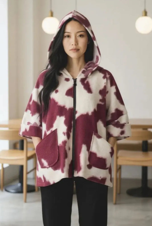 WOOL BLEND COW PRINT HOOD COAT - 12-18 - BURGUNDY