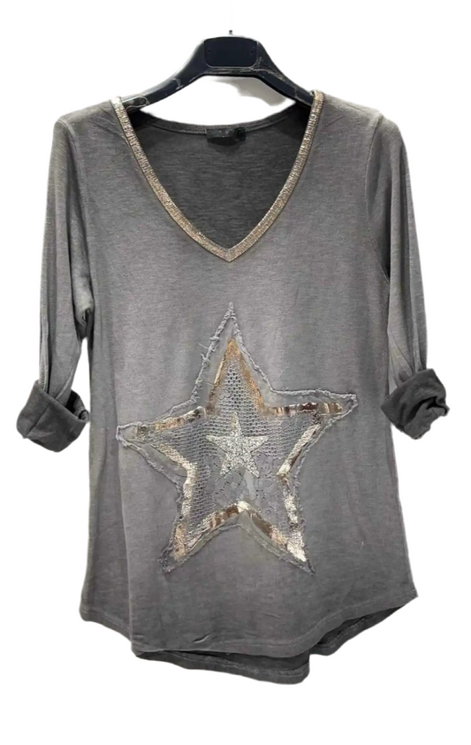 METALLIC STAR PATCH TOP - CHARCOAL - 8-12