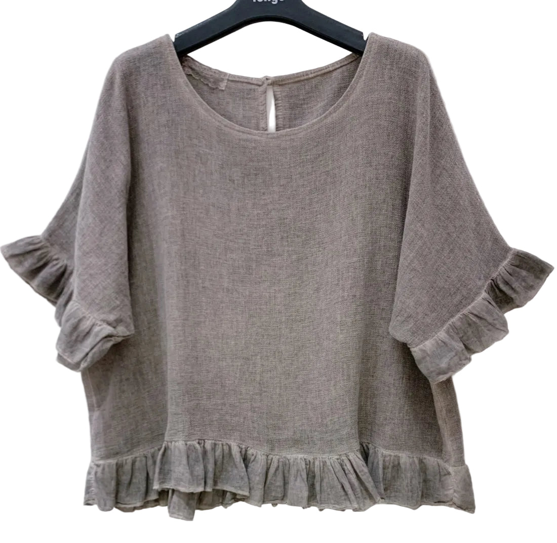 FRILL TRIM COTTON LINEN TOP - 10-16