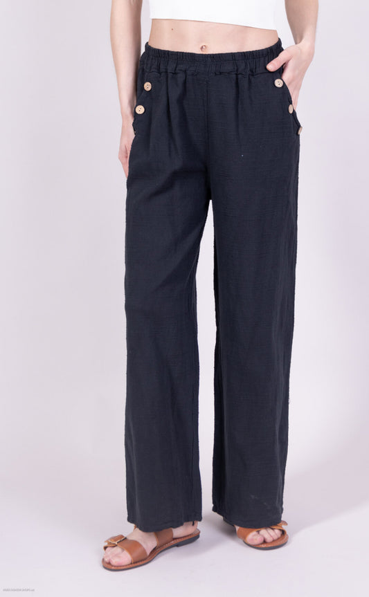COTTON/LINEN BLEND BUTTON DETAIL PANTS - 8-14 - BLACK