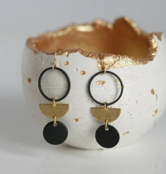 KAIKO - BLACK & BRASS CIRCLE & MOON EARRINGS- GOLD PLATED